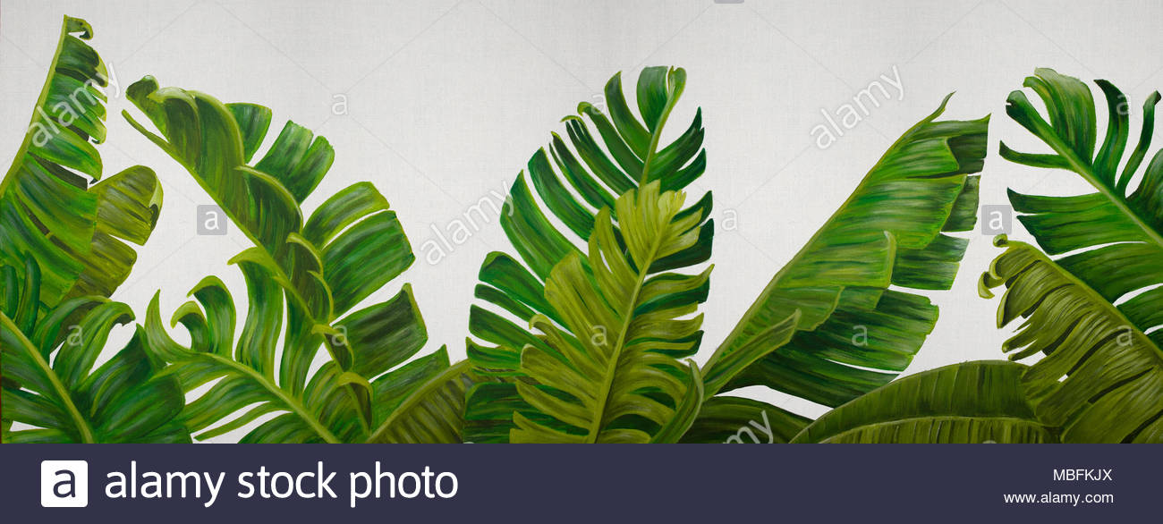 1300x586 Exotic Tropical Green Banana Leaves. Hand Drawn Acrylic Painting - Tropical Leaves Painting