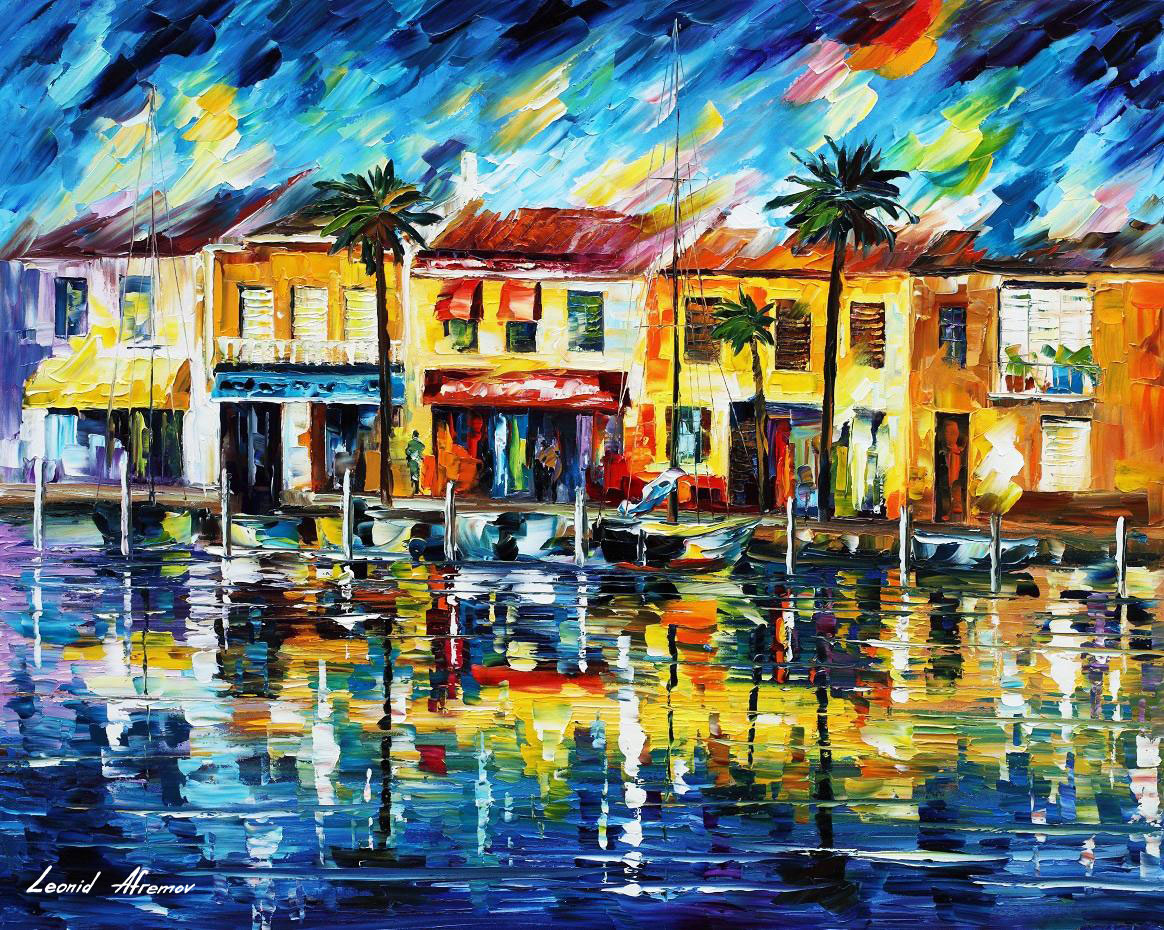 1164x930 Tropical Night Palette Knife Oil Painting On Canvas By Leonid - Tropical Oil Painting