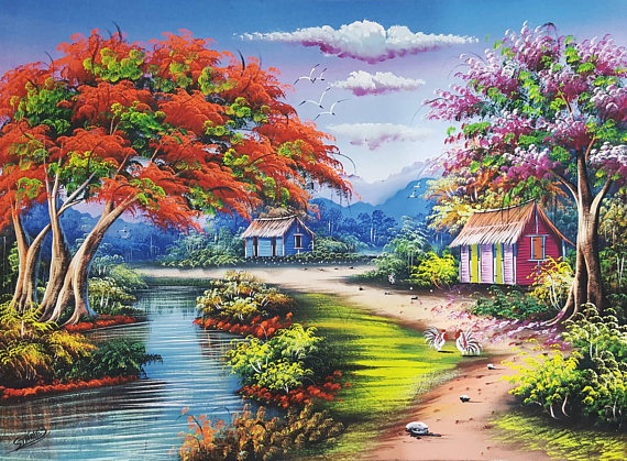 570x419 Flamboyant Tree Painting, Dominican Art, Oil Painting Landscape - Tropical Oil Painting