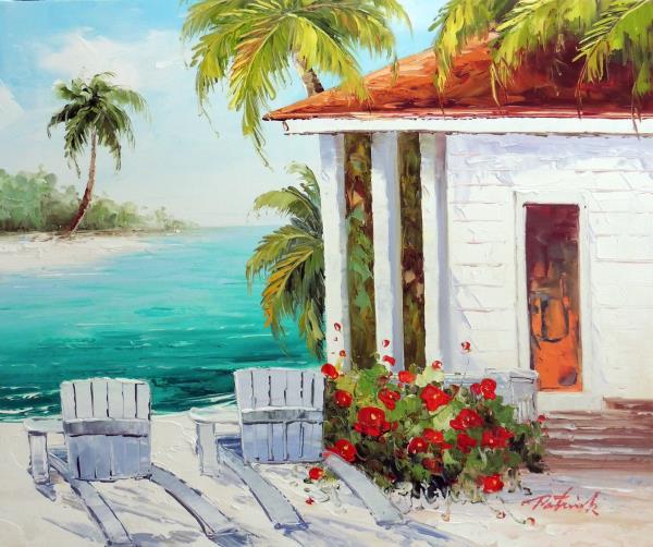 600x502 Hawaii Caribbean Tropical Beach House Sand Couple Chairs Stretched - Tropical Oil Painting