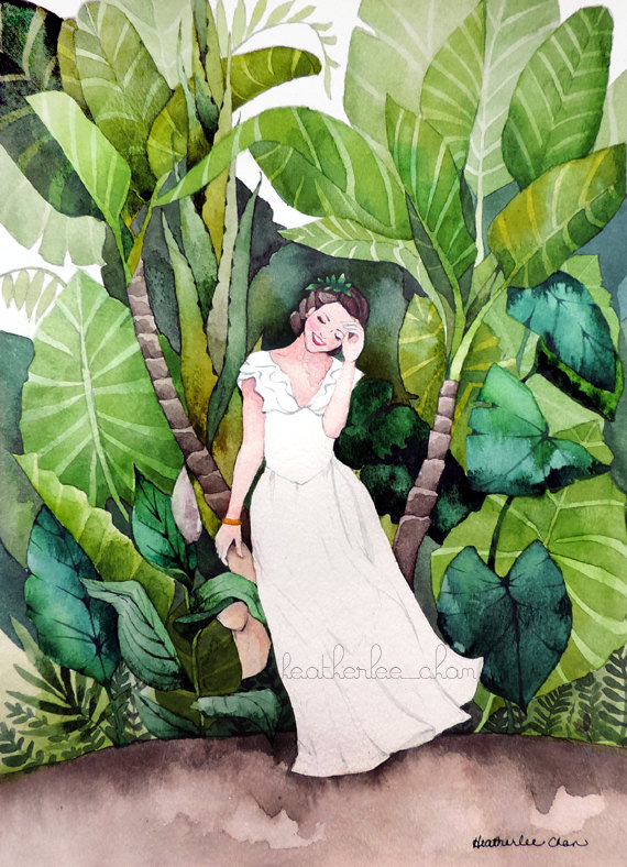 570x788 Tropical Girl Watercolor Art Painting Print - Tropical Painting