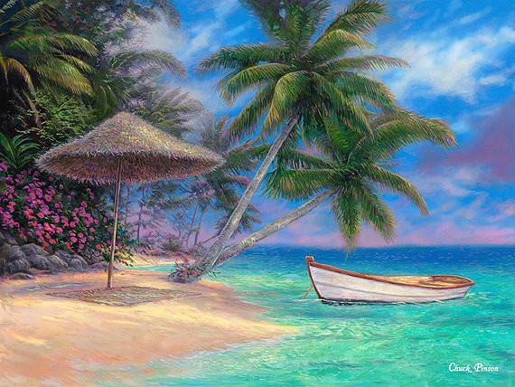 570x428 Tropical Painting, Paradise Canvas Art, Beach Large Painting, Palm - Tropical Painting