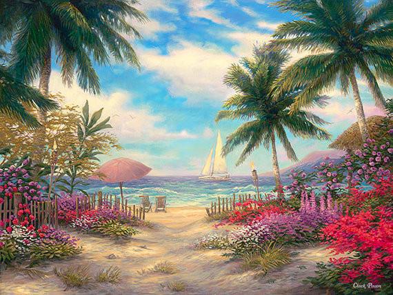 570x428 Beach Tropical Painting, Palm Tree Canvas Art, Large Paradise - Tropical Painting