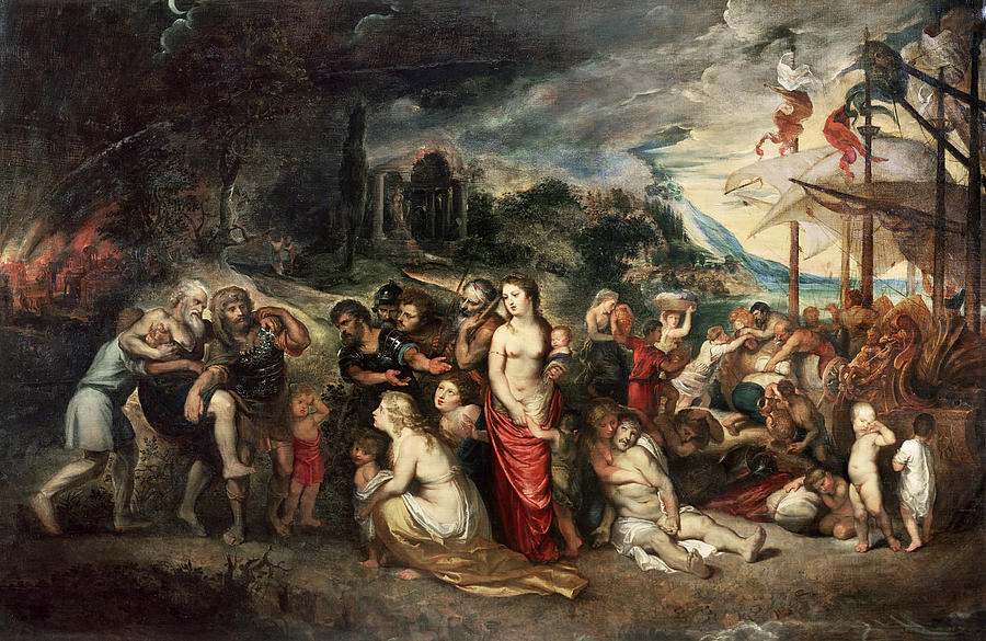 900x585 Aeneas And His Family Departing From Troy Painting By Peter Paul - Troy Painting