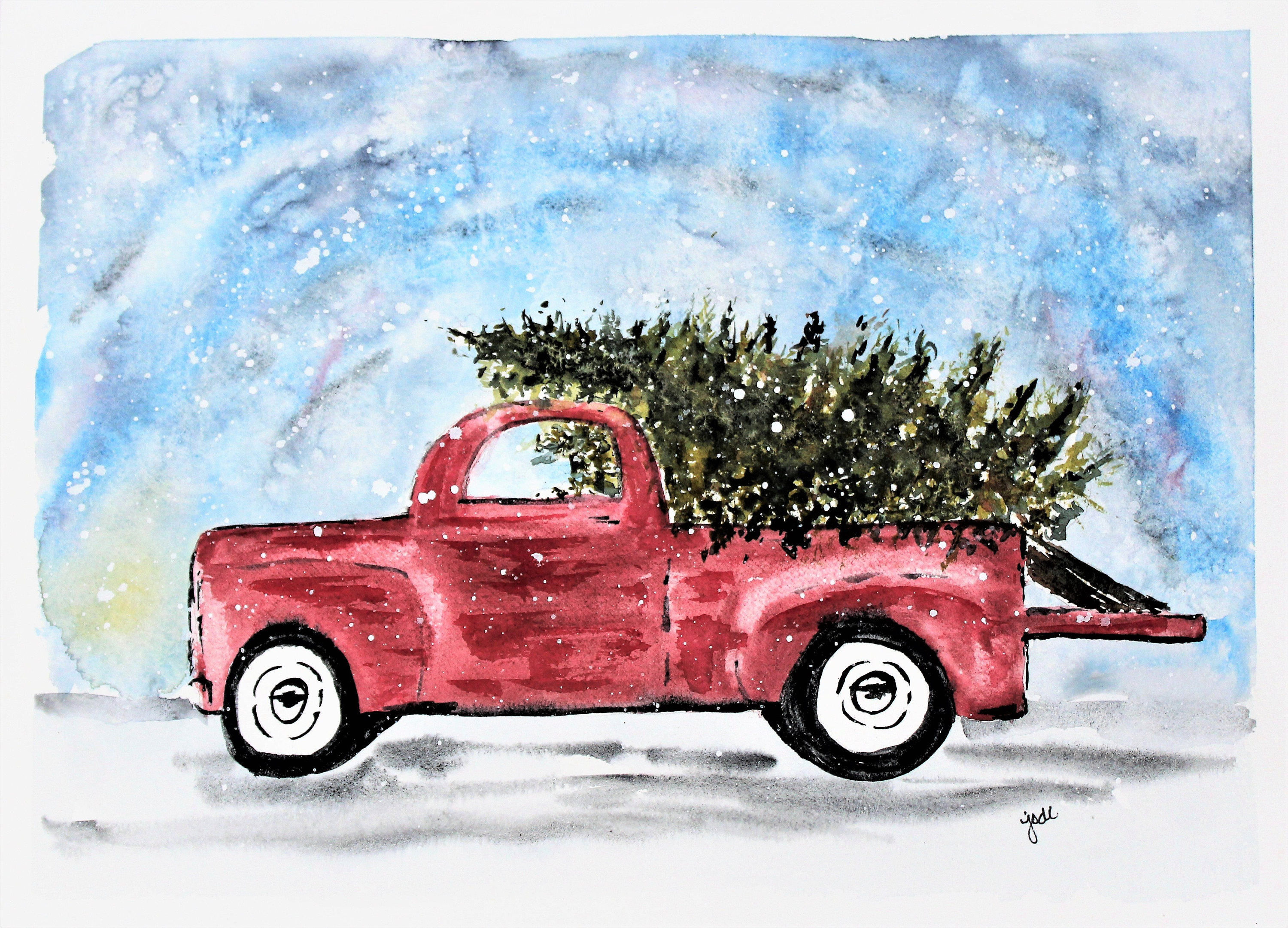 3000x2162 Old Fashioned Red Truck Christmas Watercolor Print Christmas - Truck Painting