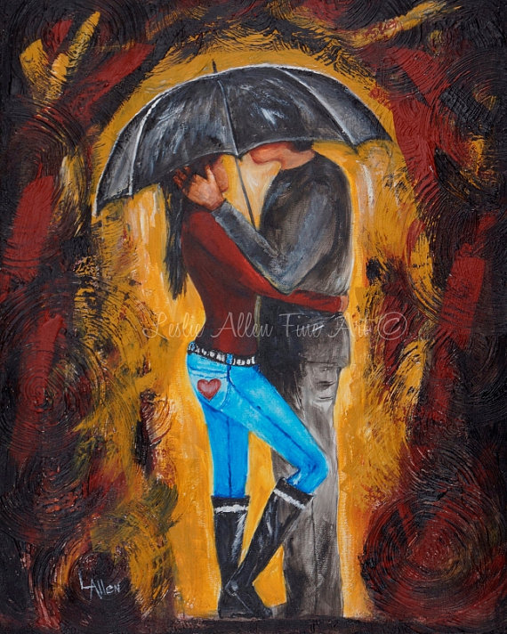 570x712 Couple Art Print Couple Red Heart Jeans Umbrella Abstract - True Love Painting