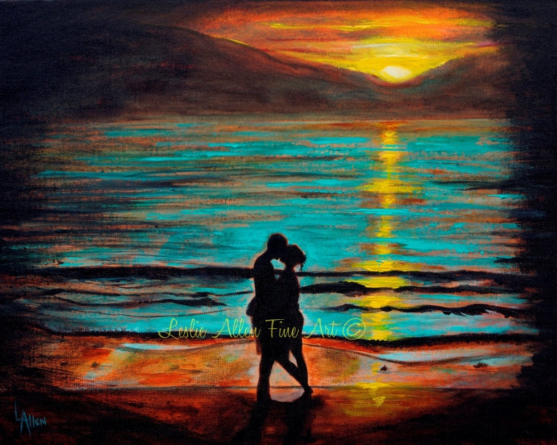 800x640 Couple Art Print Giclee Couple Wall Art Ocean Waves Sunset - True Love Painting