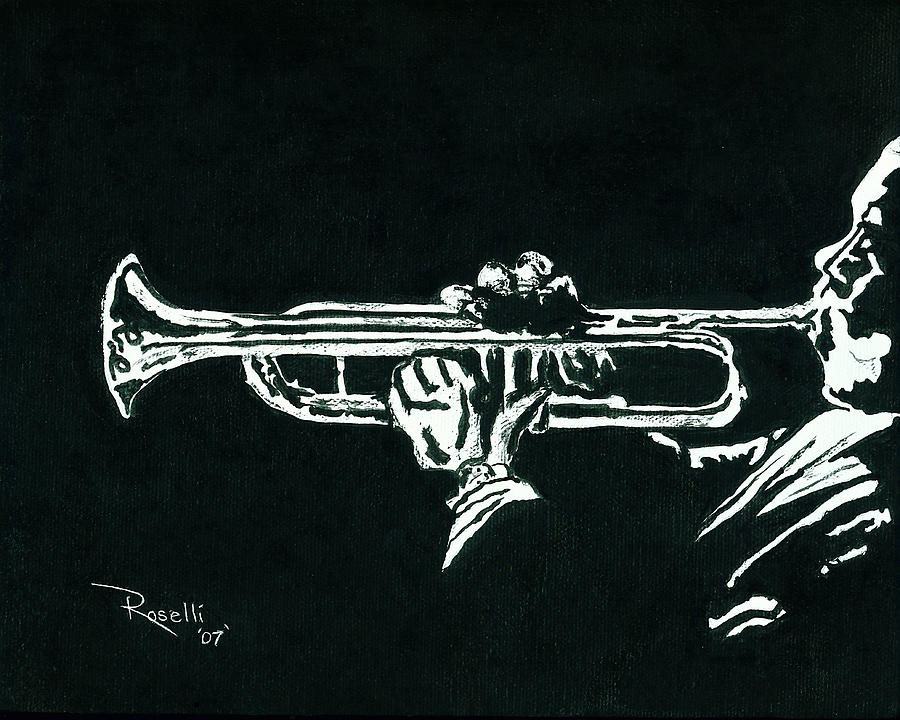 900x720 Black And White Trumpet Painting By Richard Roselli - Trumpet Painting