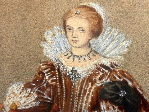 480x360 Rare Watercolour Portrait Painting Of Tudor Queen Elizabeth I - Tudor Painting