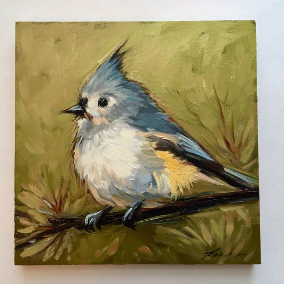 570x570 Tufted Titmouse Painting, 6x6 Impressionistic Original Oil - Tufted Titmouse Painting