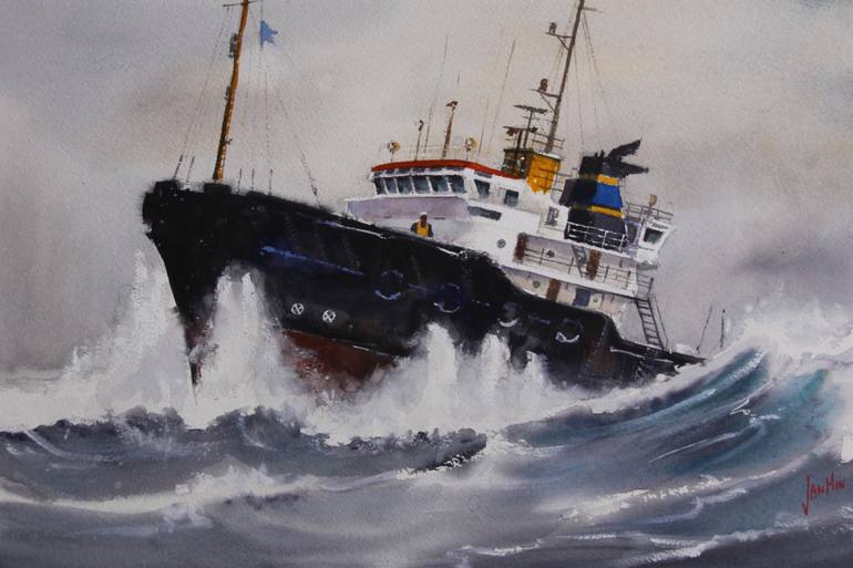 770x513 Saatchi Art Tugboat In Storm Painting By Jan Min - Tugboat Painting