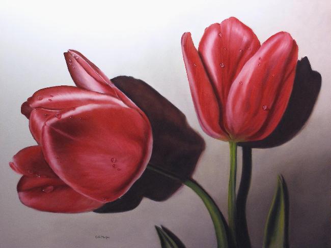 650x488 Red Tulips, An Original Oil Painting By Delmus Phelps - Tulip Flower Painting