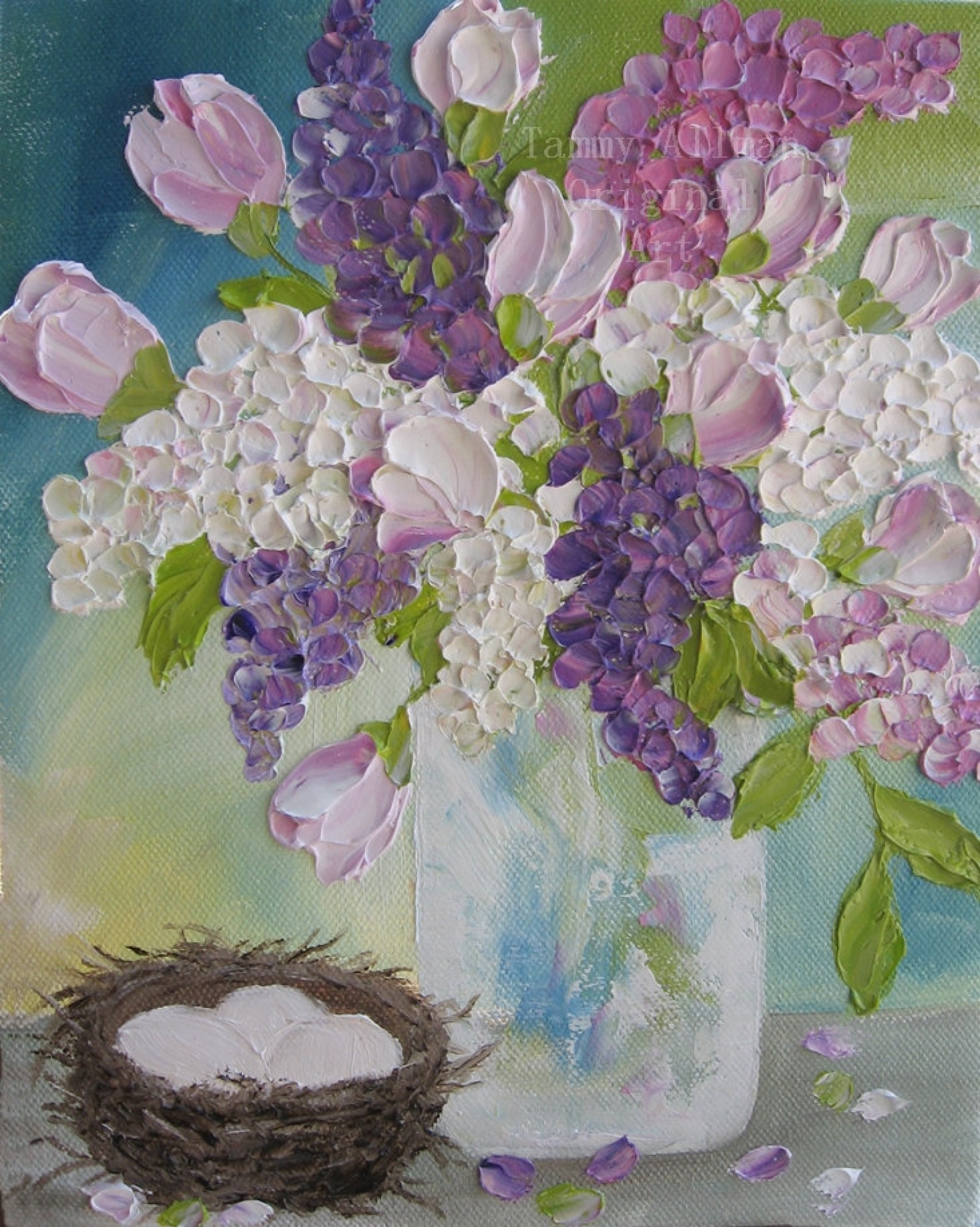 1600x2004 Lilac And Tulips Impasto Oil Painting, Birds Nest Painting - Tulip Oil Painting