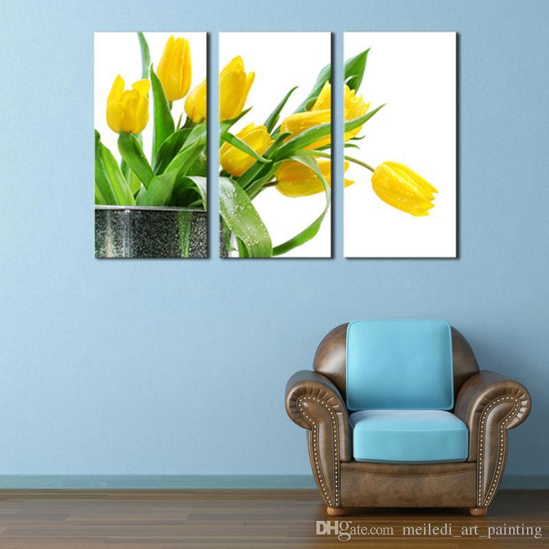 800x800 3 Picture Combination Wall Art Green Spring Flowers Yellow Tulip - Tulip Painting On Canvas
