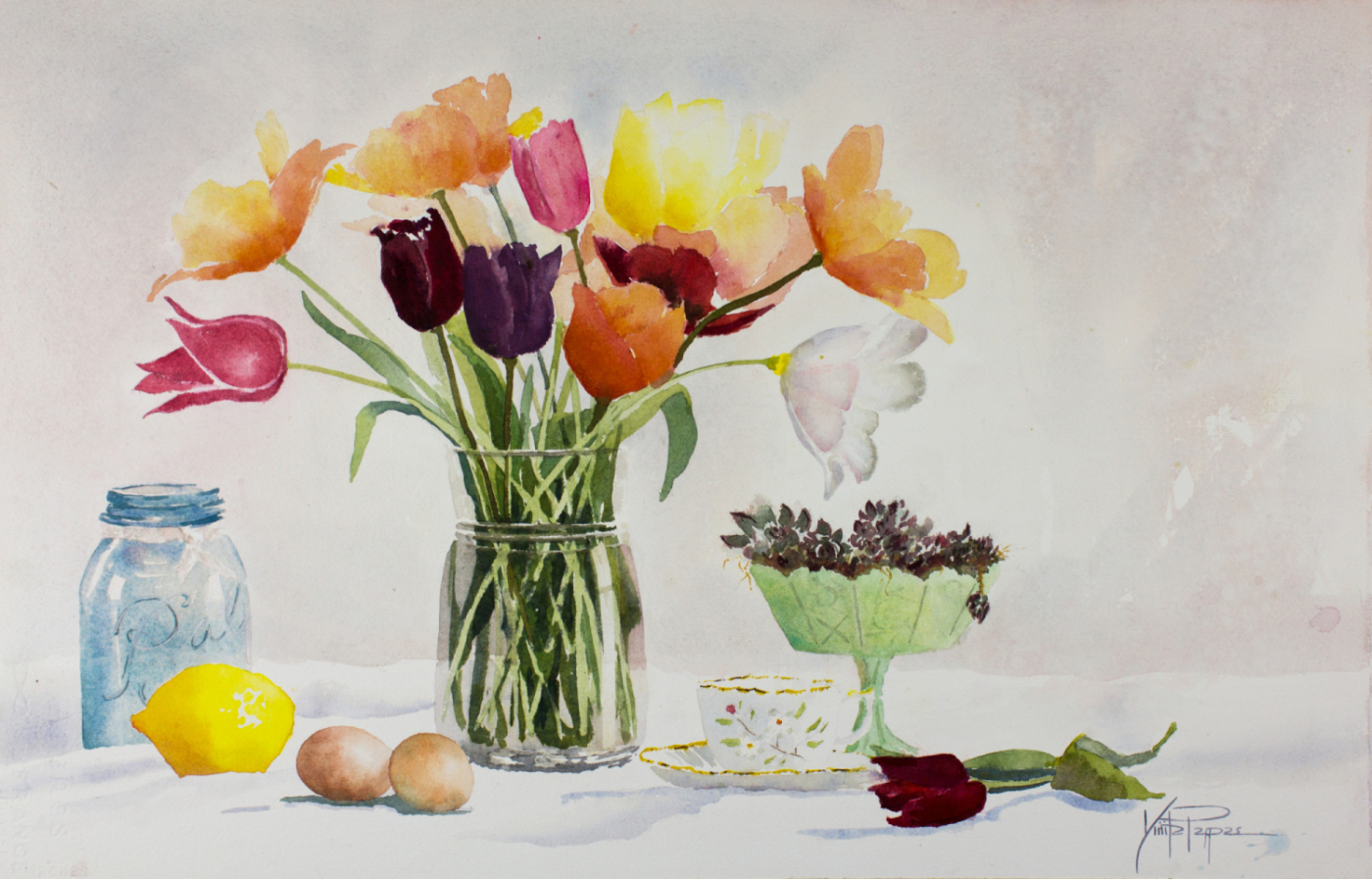 1400x897 Tulip Bouquet Still Life - Tulip Watercolor Painting
