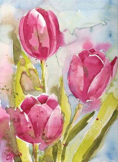 400x552 Fine Art Print Of Abstract Pink Tulips Watercolor By Artwithsarah - Tulip Watercolor Painting