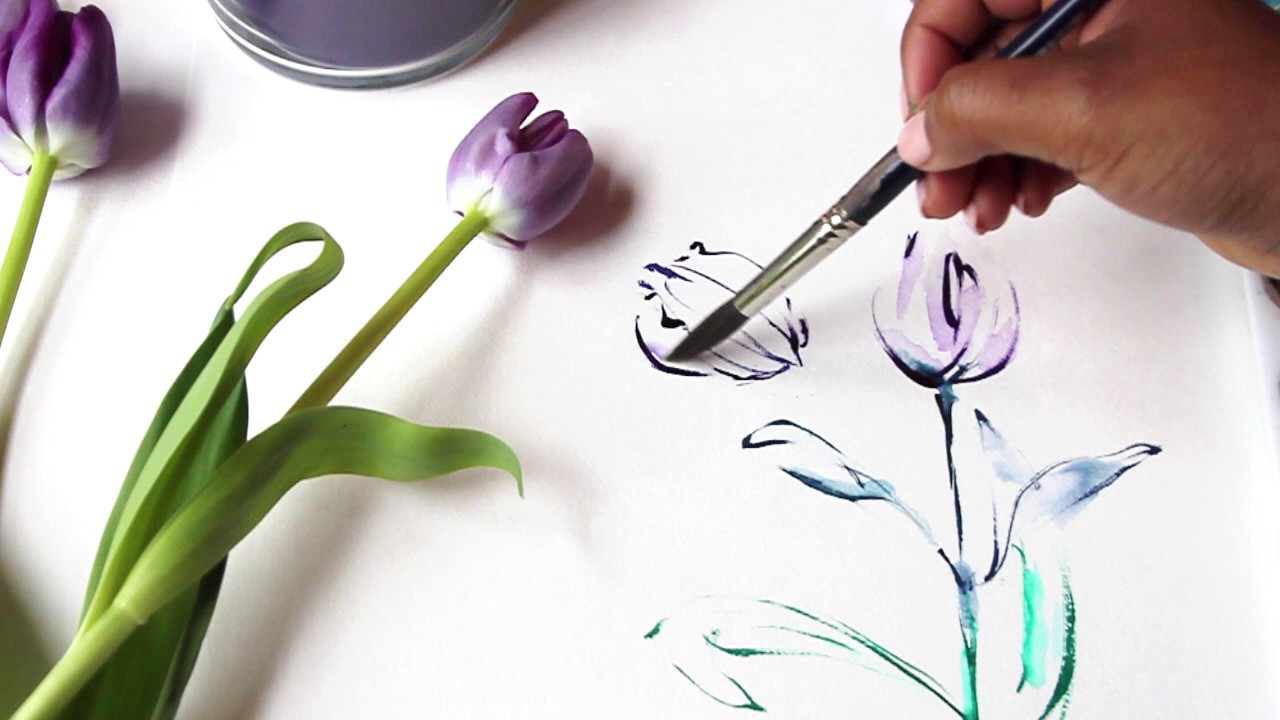 1280x720 Painting Watercolor Tulips Line Drawing Technique - Tulip Watercolor Painting