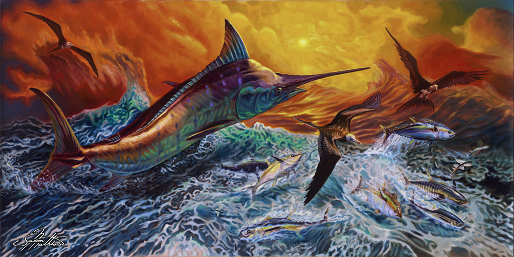 1000x500 Reflective Chaos (Blue Marlin And Tuna) - Tuna Painting