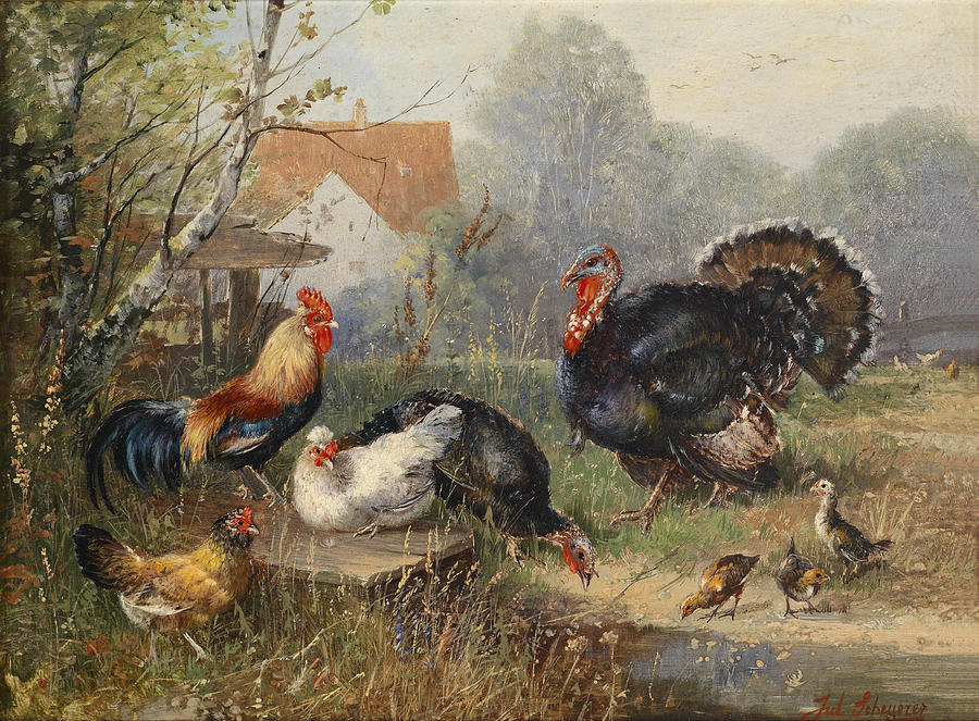 900x663 Chicken And A Turkey Painting By Julius Scheuerer - Turkey Bird Painting