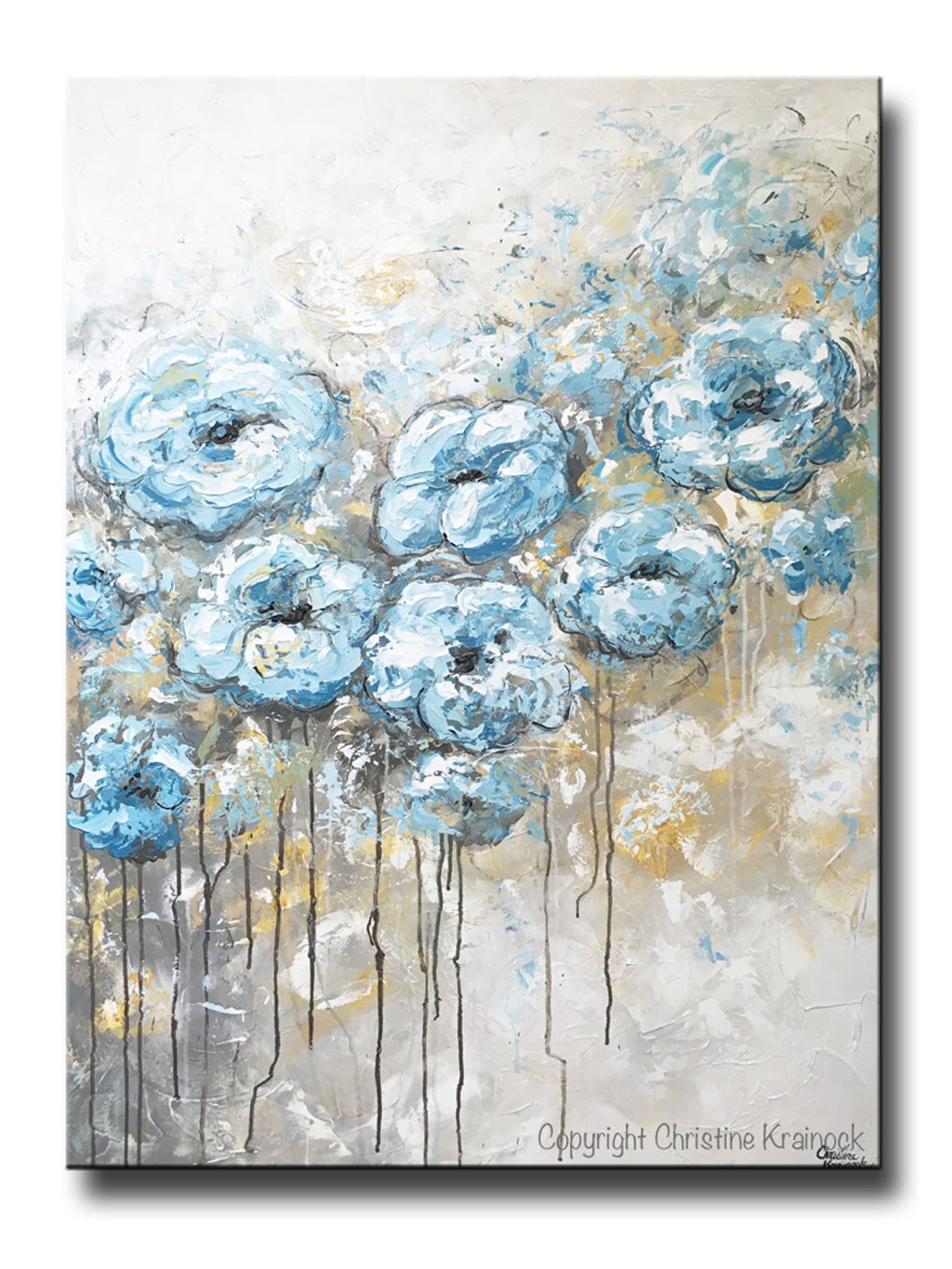 1024x1365 Original Art Abstract Flowers Painting Floral Blue White Grey Wall - Turquoise Flower Painting