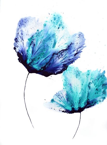 443x600 Blue Flowers Art Esfiro.cat - Turquoise Flower Painting