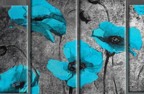478x312 Turquoise Blue Poppies On Black Painting With Mockled Abstract - Turquoise Painting