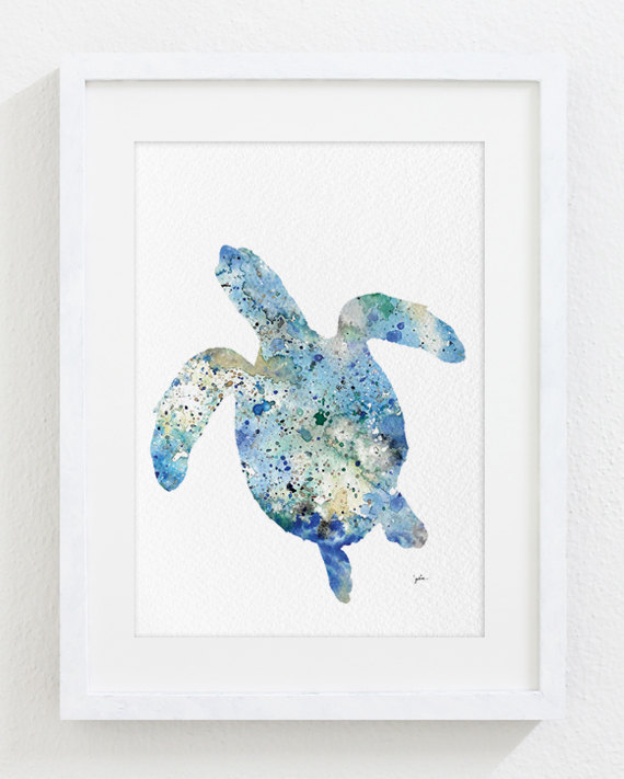 570x711 Sea Turtle Art Watercolor Painting 5x7 Archival Print - Turtle Silhouette Painting