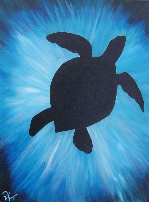 479x650 Sea Turtle Silhouette With Blue Spray Of Water. Cute Beginner - Turtle Silhouette Painting