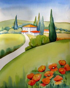 239x300 Tuscany Poppies Watercolor Italian Landscape Painting Signed Ebay - Tuscan Landscape Painting