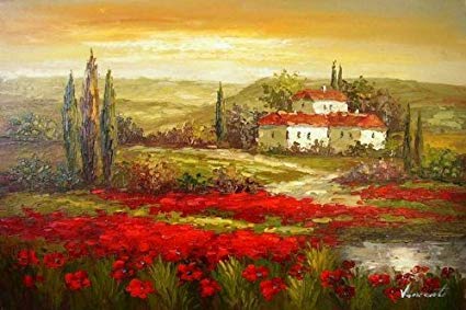 425x283 Real Hand Painted Italian Tuscany Red Poppy Field - Tuscan Oil Painting Canvas