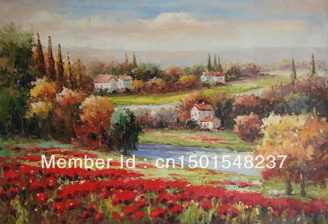 640x438 Tuscany Italian Farm Home Red Poppy Flowers River 24x36 - Tuscan Oil Painting Canvas