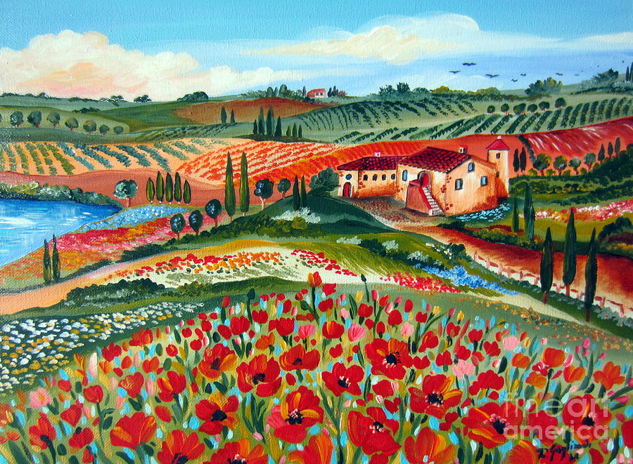 900x661 Tuscan Poppies Hill Painting By Roberto Gagliardi - Tuscan Poppies Painting