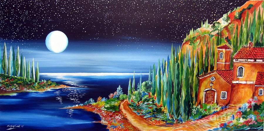900x449 Moonlight Over My Tuscan Villa Painting By Roberto Gagliardi - Tuscan Villa Painting
