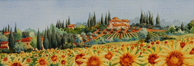 670x231 Sunflowers In Tuscany, Italian Watercolour Art - Tuscan Villa Painting