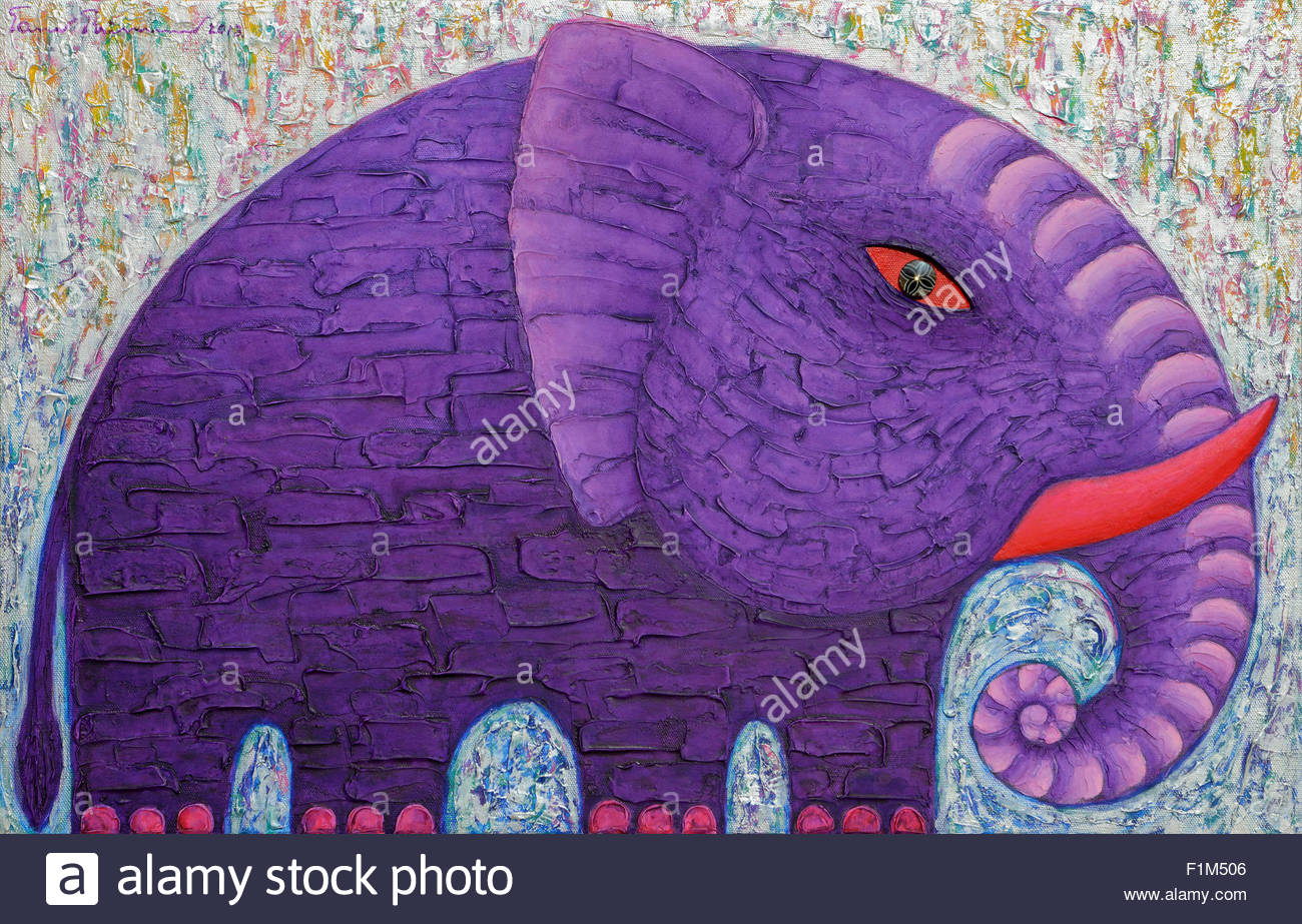 1300x923 Purple Elephant With Red Tusk. Original Acrylic Painting On Canvas - Tusks Canvas Painting