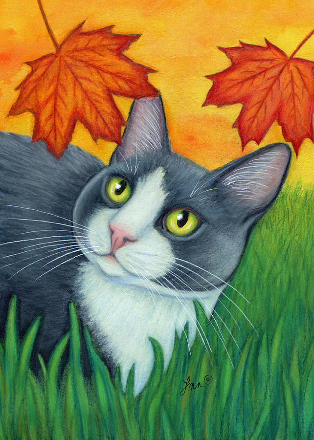 642x900 Gray Tuxedo Cat And Falling Leaves Painting By Lisa Nelson - Tuxedo Cat Painting