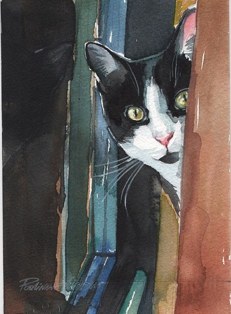 464x630 Original Watercolor Painting Tuxedo Cat Kitty Kitten Black - Tuxedo Cat Painting