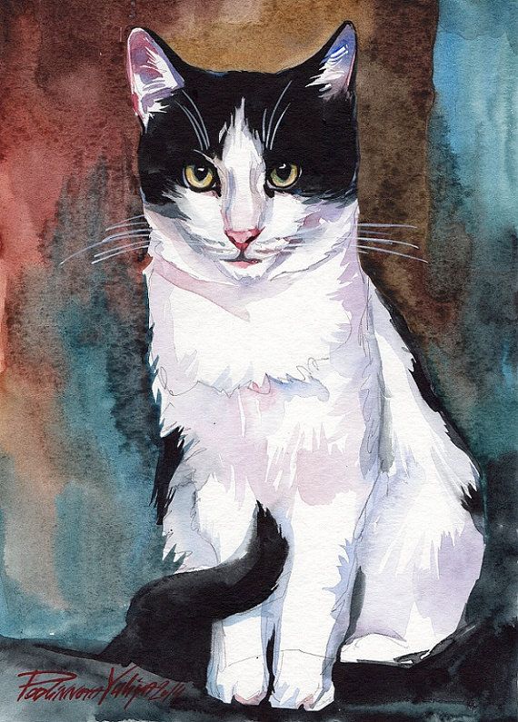 570x795 Print Of The Original Watercolor Painting Tuxedo Cat Black - Tuxedo Cat Painting
