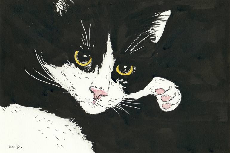 770x511 Saatchi Art Tuxedo Cat Painting By Katerina Kirilova - Tuxedo Cat Painting