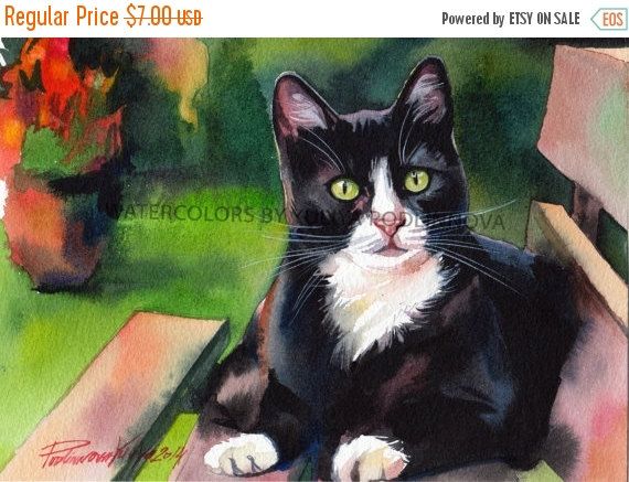 570x437 Tuxedo Cat Black And White Digital Art Print Of Watercolor - Tuxedo Cat Painting