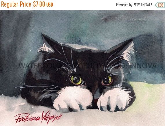 570x437 Tuxedo Cat Digital Print Of Watercolor Painting Instant Download - Tuxedo Cat Painting