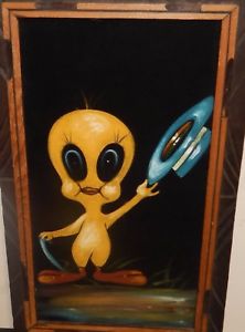 222x300 Tweety Bird In A Blue Top Hat Original Oil On Velvet Painting - Tweety Painting