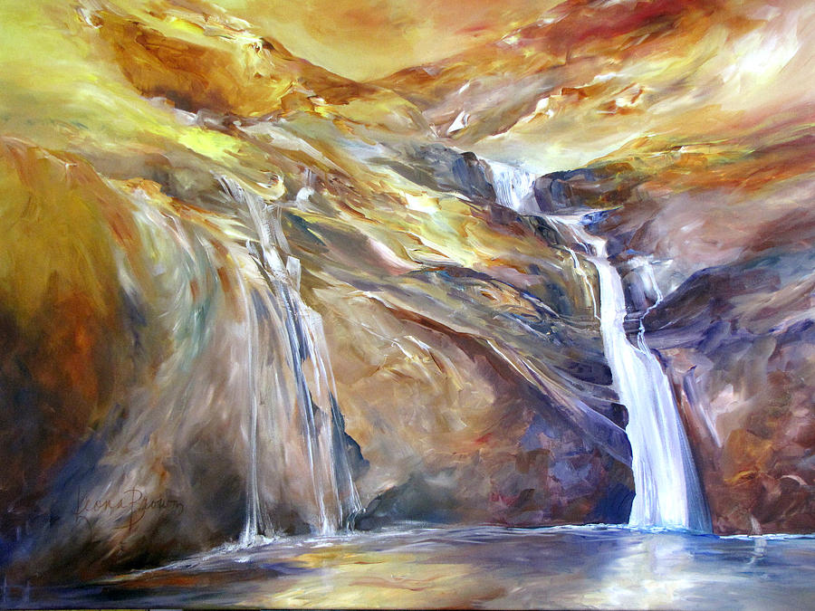 900x675 Twilight Glow On Two Waterfalls Painting By Leona Brown - Twilight Glow Painting