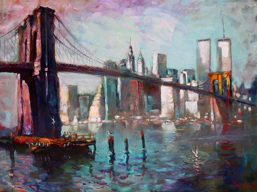 900x672 Brooklyn Bridge And Twin Towers Painting By Ylli Haruni - Twin Towers Painting