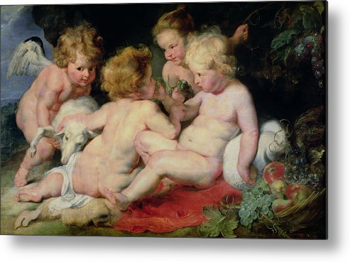 493x369 Infant Christ With John The Baptist And Two Angels Metal Print By - Two Baby Angels Painting