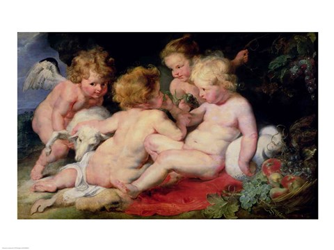 480x360 Infant Christ With John The Baptist And Two Angels Fine Art Print - Two Baby Angels Painting