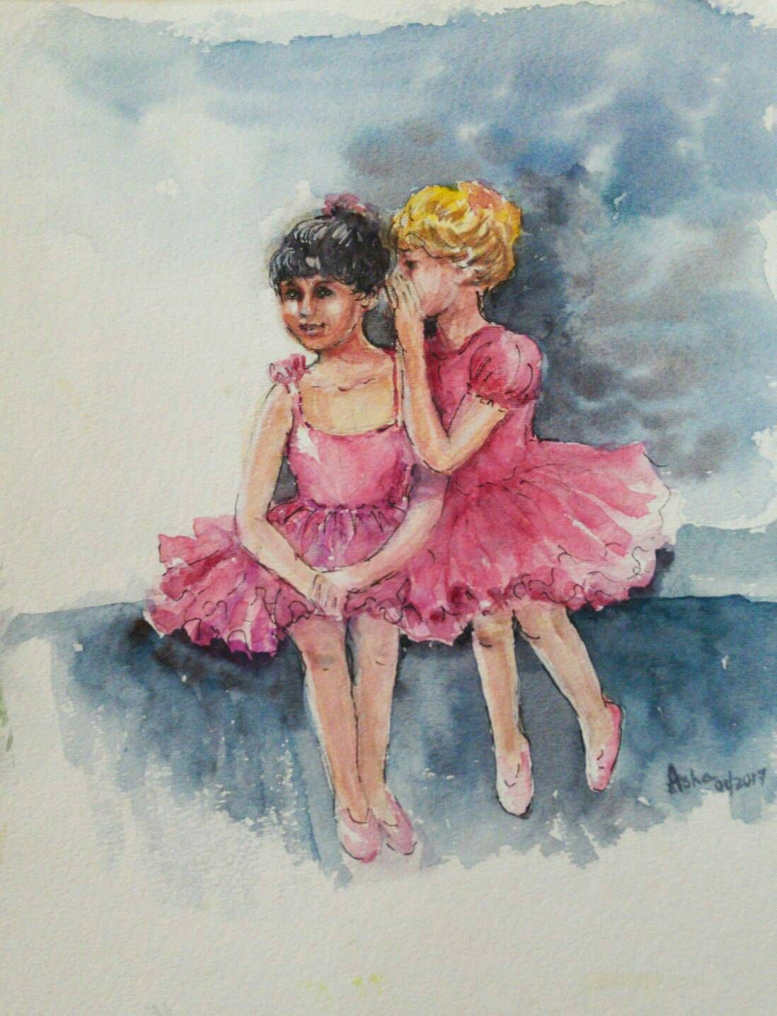 1098x1435 Original Art Sharing Secrets Two Little Ballerinas Painting Gift - Two Ballerinas Painting