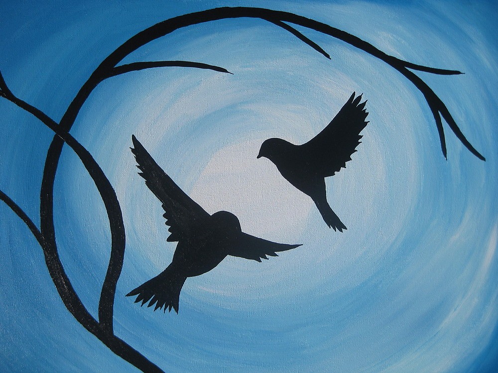 1000x750 Pale And Bright Blue Painting Of Two Birds And A Branch By - Two Birds On A Branch Painting