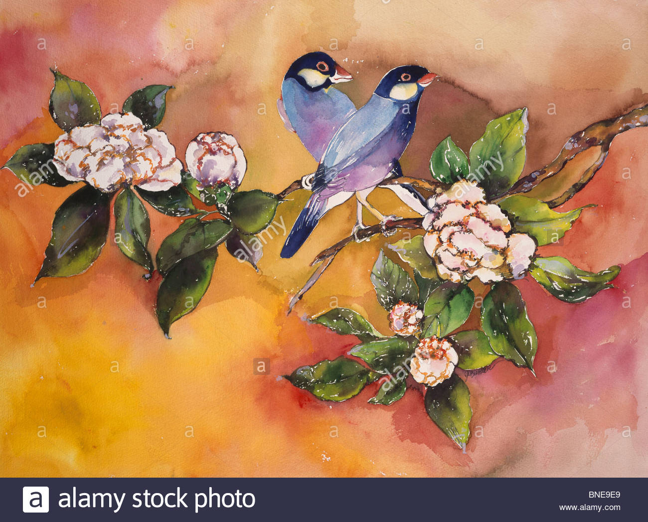 1300x1047 Two Birds On Camelia Branches, From Japanese Screen, By John - Two Birds On A Branch Painting