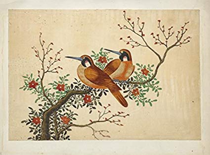 425x315 Historic Print Two Birds On Flowering Tree Branch - Two Birds On A Branch Painting